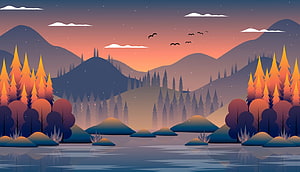 Serene Vector Landscape With Mountains, Pine Forest, And Lake At Sunset HD wallpaper