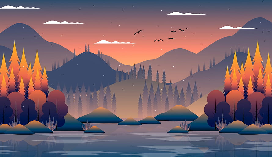 Serene Vector Landscape With Mountains, Pine Forest, And Lake At Sunset HD wallpaper