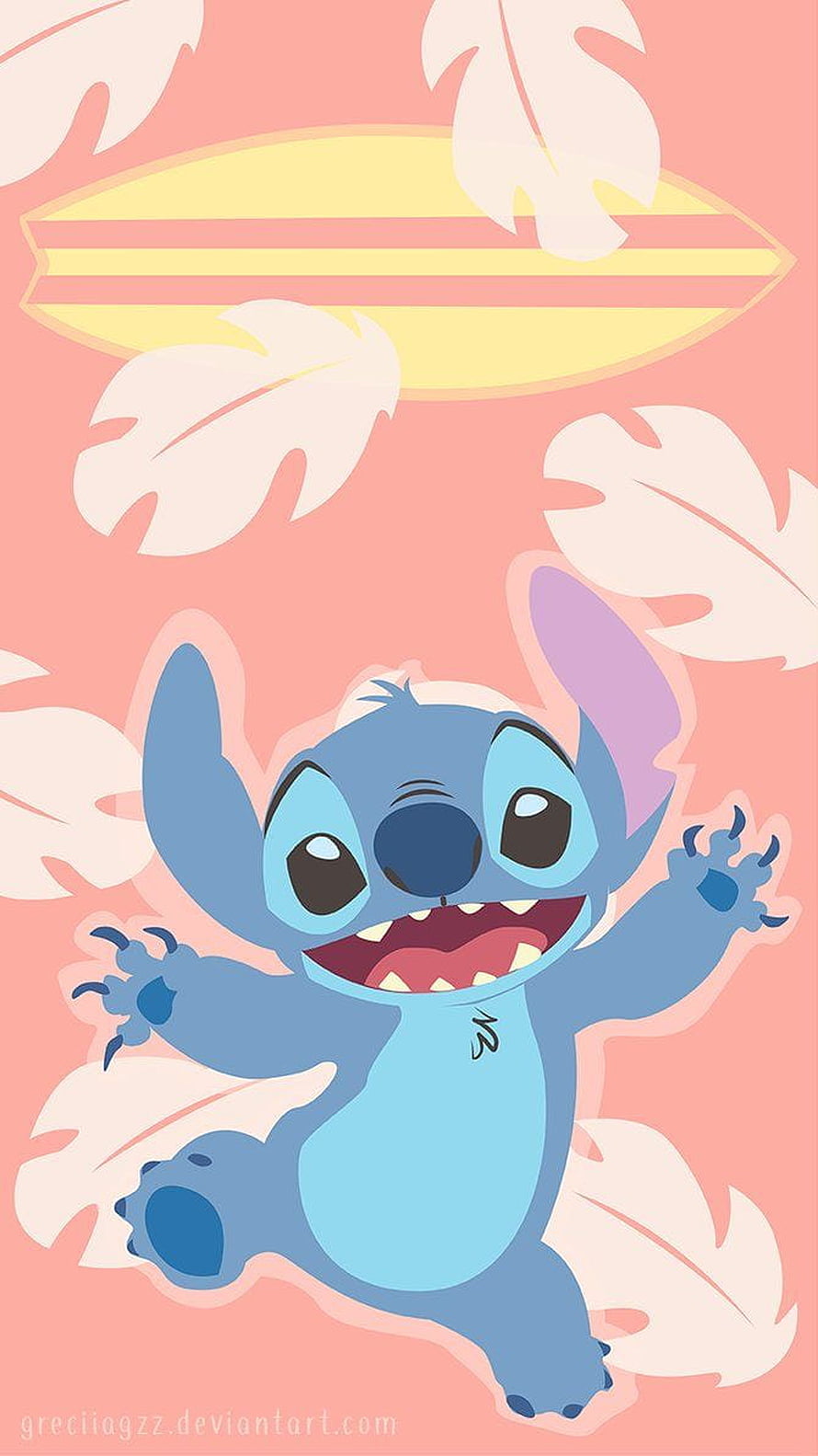 Cute Stitch Lilo and Stitch Cartoon Character with Surfboard and Tropical Leaves HD phone wallpaper