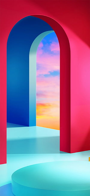 Vibrant 3D Architectural Arches Framing a Pastel Sunset Sky HD phone wallpaper