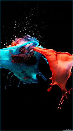 Vibrant Blue and Red Paint Splash Colliding on Black Background HD phone wallpaper