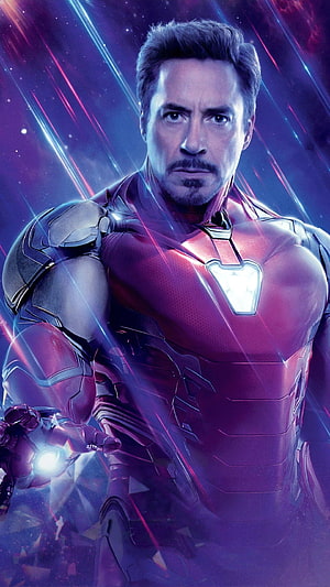Iron Man in Red and Gold Armor with Glowing Arc Reactor Against Cosmic Starfield Background, Iron Man, Avenger HD phone wallpaper