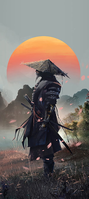 Samurai Warrior With Straw Hat And Swords Standing By Lake At Sunset HD phone wallpaper