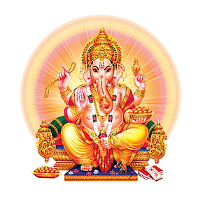Lord Ganesha Seated on Ornate Throne with Laddu and Mouse Companion HD wallpaper