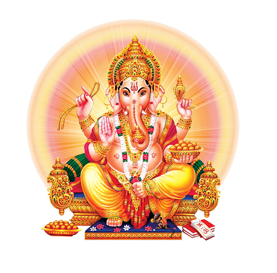 Lord Ganesha Seated on Ornate Throne with Laddu and Mouse Companion HD wallpaper