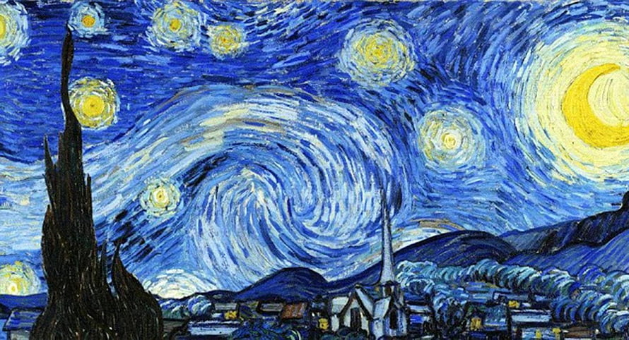 The Starry Night by Vincent van Gogh - Swirling Blue Sky and Crescent Moon HD wallpaper