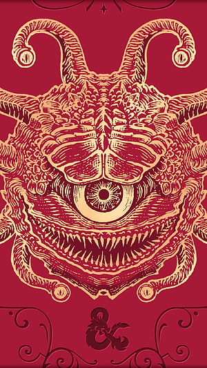 Dungeons and Dragons Beholder Monster Illustration in Red and Gold HD phone wallpaper