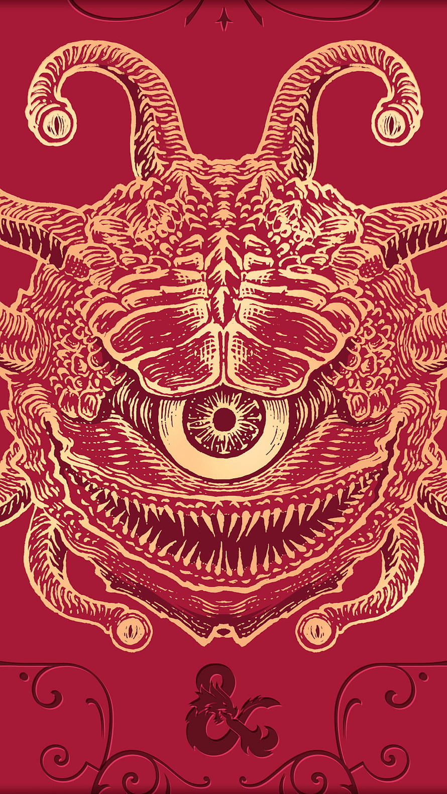 Dungeons and Dragons Beholder Monster Illustration in Red and Gold HD phone wallpaper