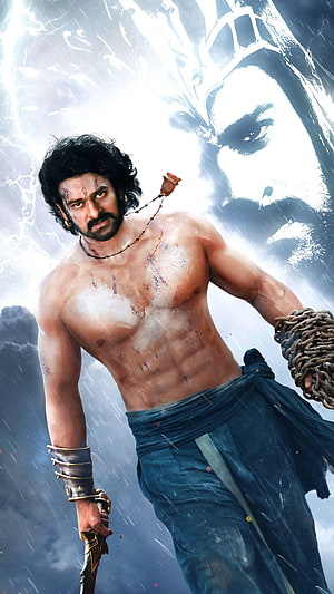 Prabhas as Baahubali in Epic Mythological Action Scene with Sword and Chains HD phone wallpaper