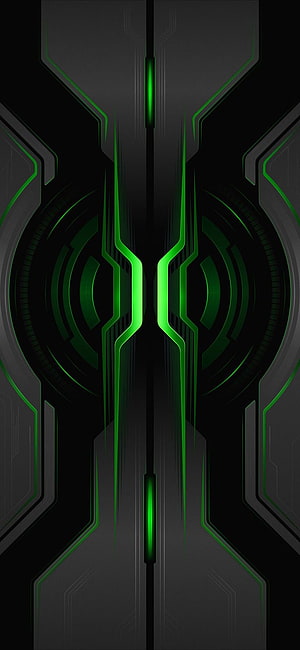 Symmetrical Dark Green Futuristic Tech Design with Glowing Neon Circuit Lines HD phone wallpaper