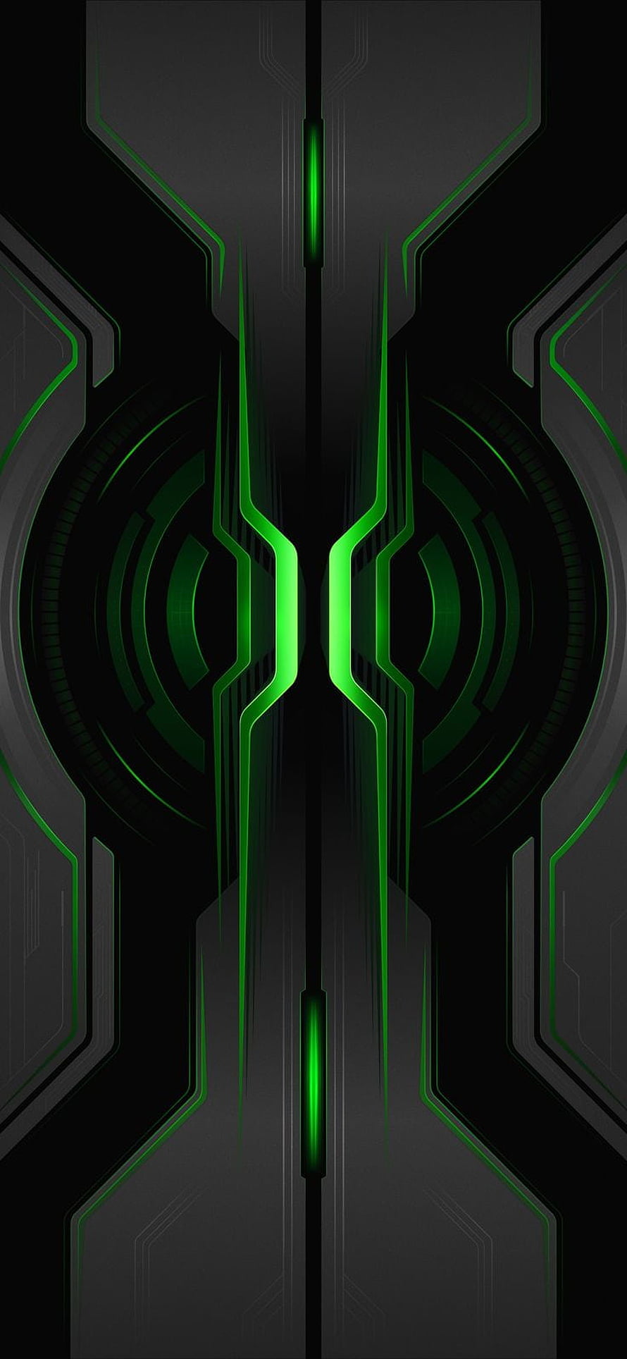 Symmetrical Dark Green Futuristic Tech Design with Glowing Neon Circuit Lines HD phone wallpaper
