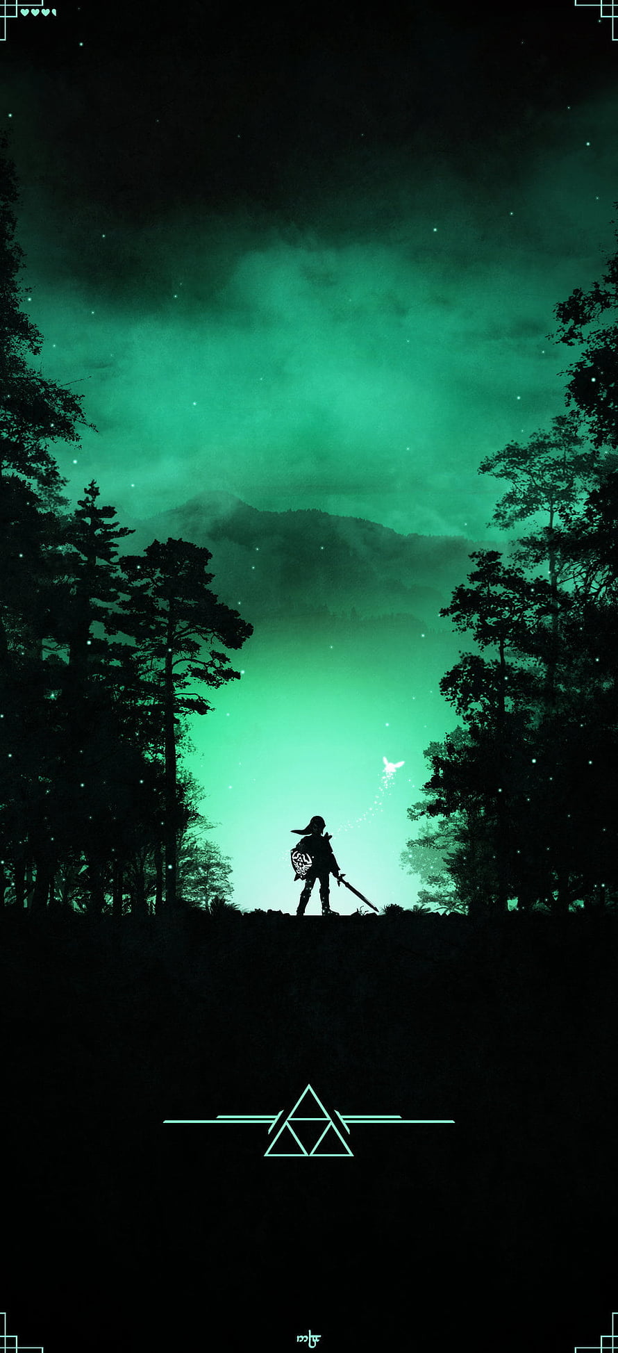 Silhouette of Link standing in a forest with a glowing green sky and Triforce symbol HD phone wallpaper