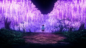 Tanjiro Kamado Walking Through Purple Wisteria Forest at Night HD wallpaper