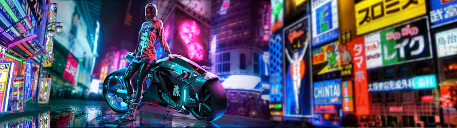 Cyberpunk Tokyo Street Scene with Futuristic Biker and Neon Signs HD wallpaper