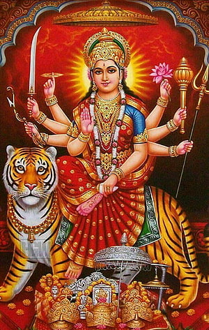Goddess Durga Riding Tiger Traditional Indian Artwork HD phone wallpaper