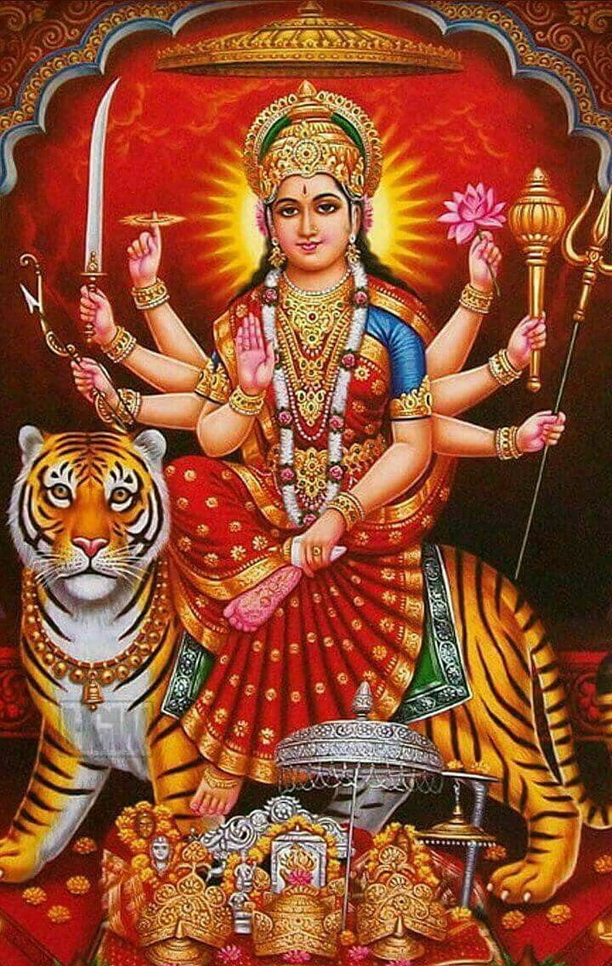 Goddess Durga Riding Tiger Traditional Indian Artwork HD phone wallpaper