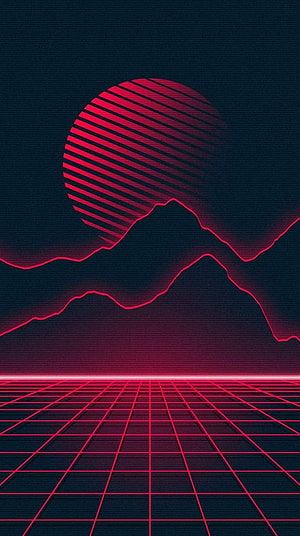 Synthwave Sunset Landscape with Neon Grid Floor and Retro Mountain Silhouette HD phone wallpaper