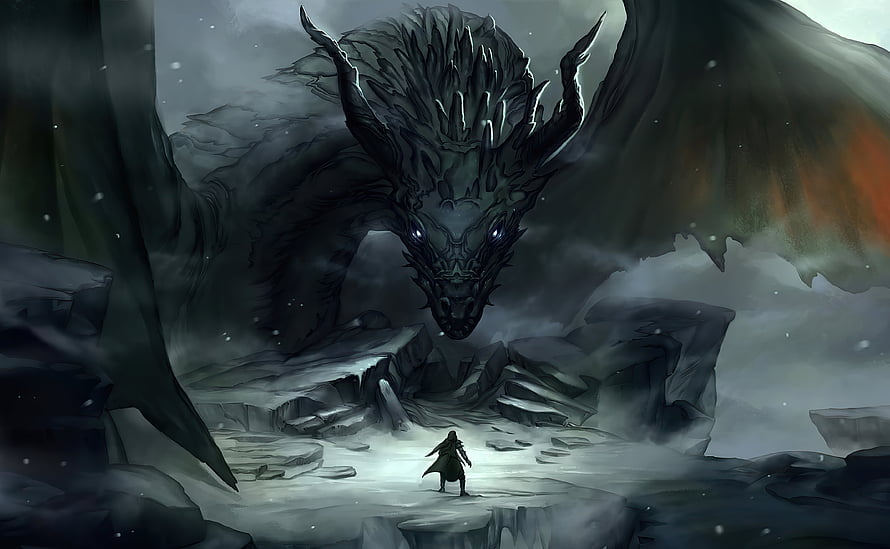 Dark Fantasy Dragon Confrontation Artwork HD wallpaper