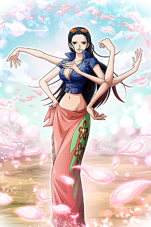 Nico Robin from One Piece in a Blue Top and Floral Skirt Amidst Falling Cherry Blossoms HD phone wallpaper