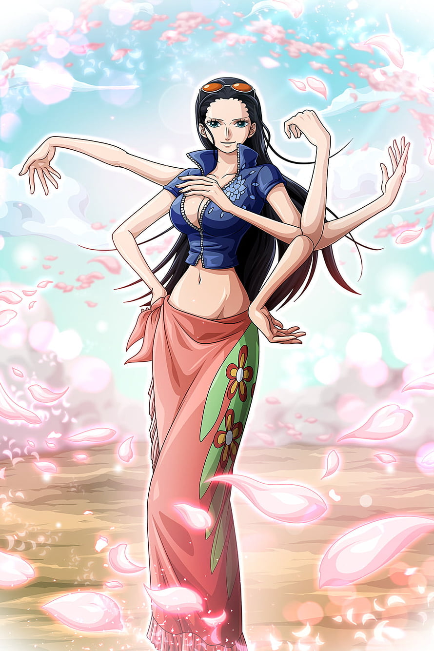 Nico Robin from One Piece in a Blue Top and Floral Skirt Amidst Falling Cherry Blossoms HD phone wallpaper