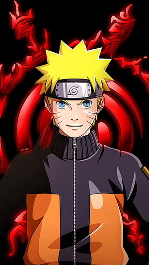 Naruto Uzumaki in Black and Orange Jacket with Red Aura Background HD phone wallpaper