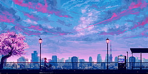 Anime Style Tokyo Cityscape at Dusk with Cherry Blossoms and Cyclist HD wallpaper