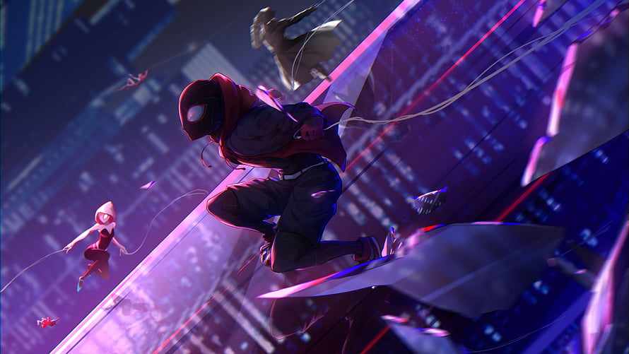 Miles Morales and Gwen Stacy in a Dynamic Spider-Verse Cityscape HD wallpaper