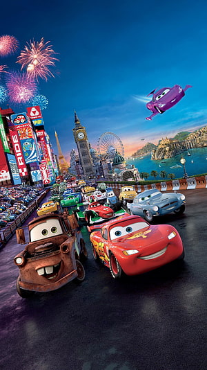Lightning McQueen and Mater racing in a global cityscape with fireworks and landmarks HD phone wallpaper