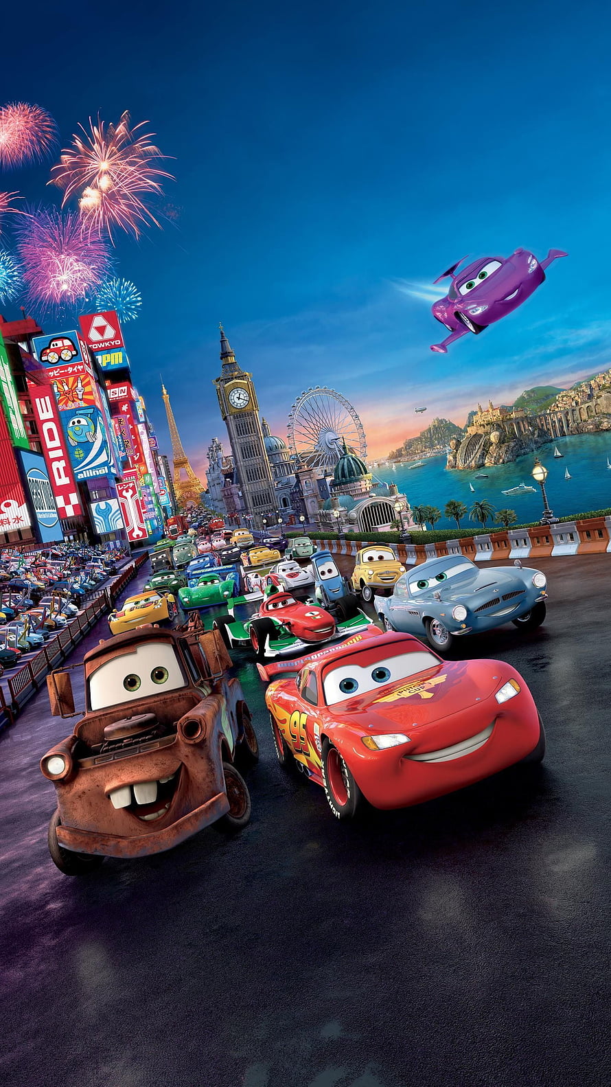 Lightning McQueen and Mater racing in a global cityscape with fireworks and landmarks HD phone wallpaper