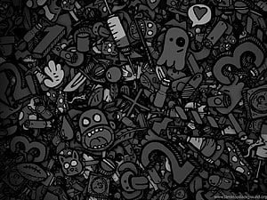 Monochrome doodle pattern featuring cartoon ghosts, monsters, and random objects in a chaotic black and white style HD wallpaper