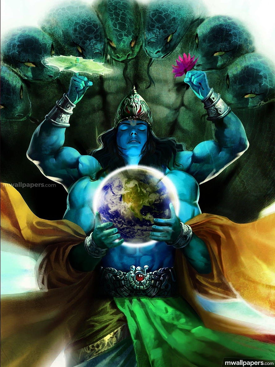 Blue-skinned Hindu deity holding Earth with multi-headed cobra canopy HD phone wallpaper
