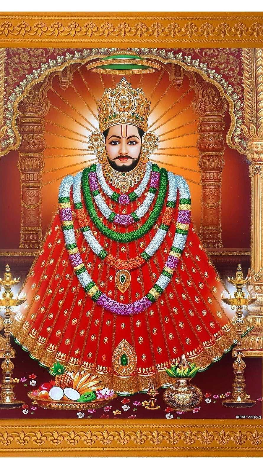 Lord Ayyappa Hindu Deity Portrait in Red Robes with Flower Garlands HD phone wallpaper