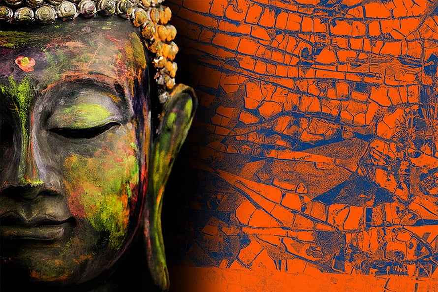 Weathered Buddha Statue Face with Vibrant Orange Cracked Texture Background HD wallpaper