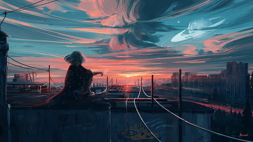 Anime Girl Sitting on Rooftop Watching Sunset Over City with Planet in Sky HD wallpaper