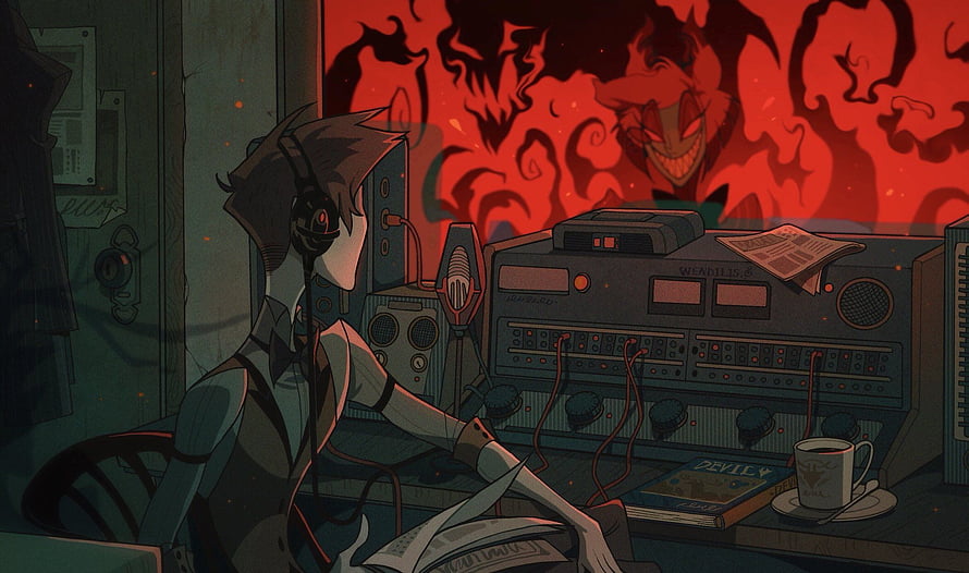 Alastor at the Radio Broadcast Desk in Hazbin Hotel HD wallpaper