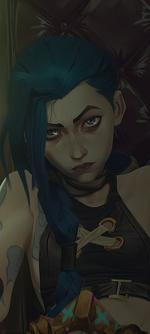 Jinx from Arcane and League of Legends in a moody digital portrait with teal braided hair and dark leather outfit HD phone wallpaper