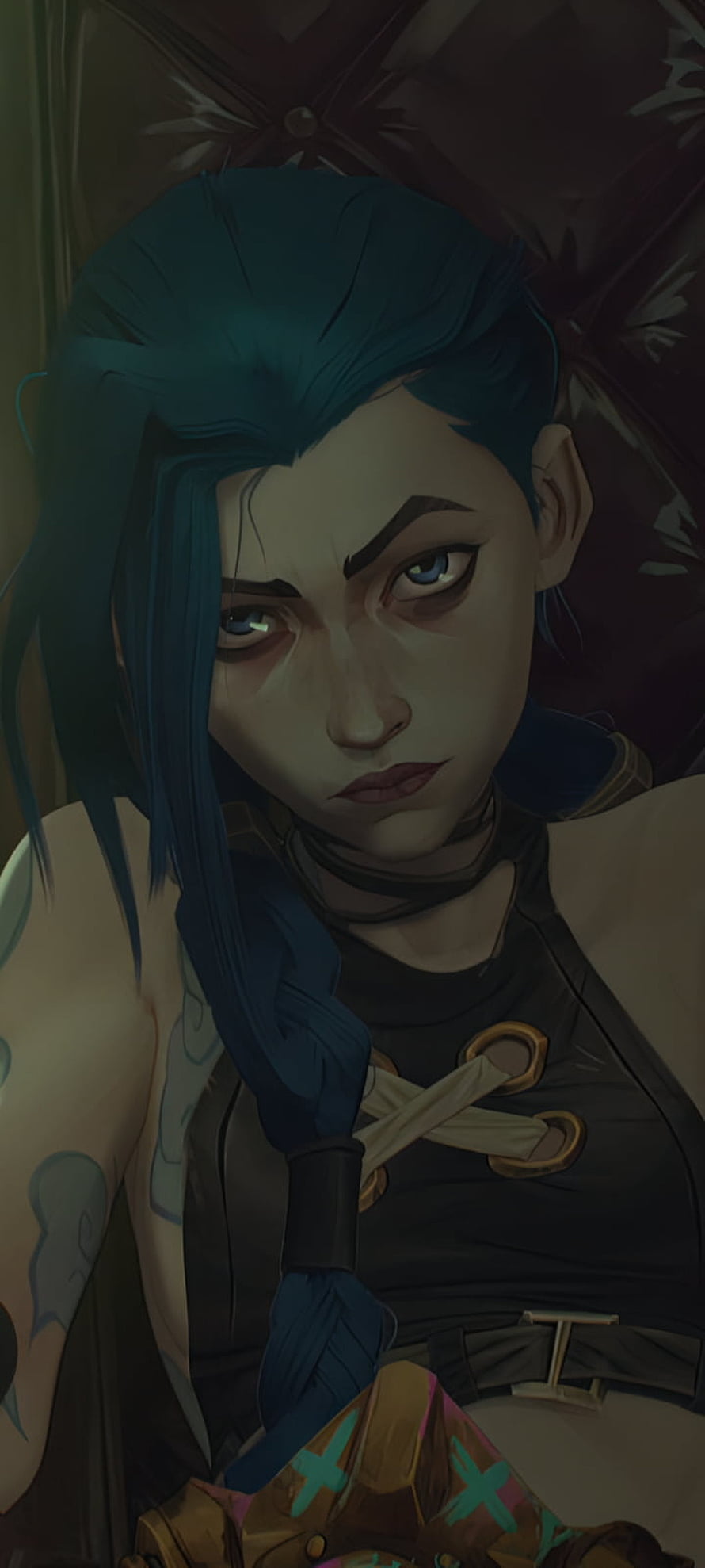 Jinx from Arcane and League of Legends in a moody digital portrait with teal braided hair and dark leather outfit HD phone wallpaper
