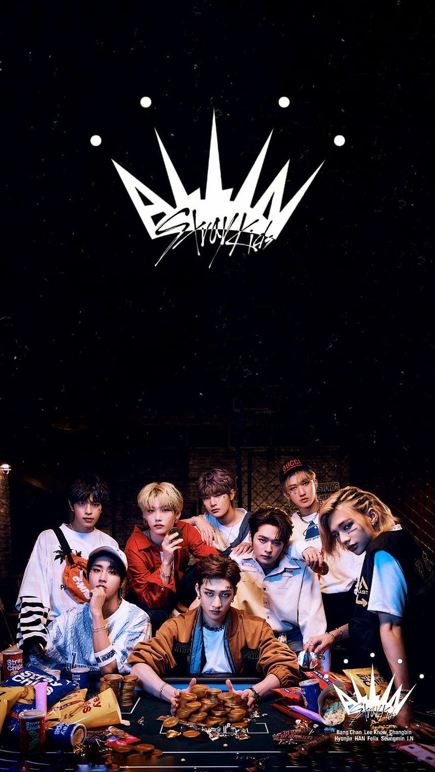 Stray Kids group photo at poker table with snacks and chips, dark background with logo HD phone wallpaper