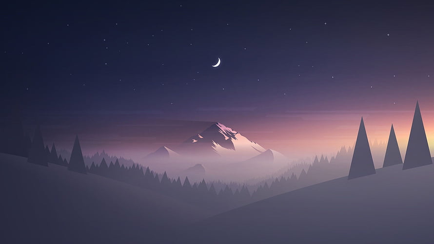 Minimalist Night Mountain Landscape with Crescent Moon and Pine Forest Silhouettes HD wallpaper
