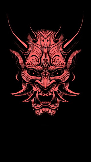 Red Hannya Demon Mask Illustration on Black Background HD phone wallpaper