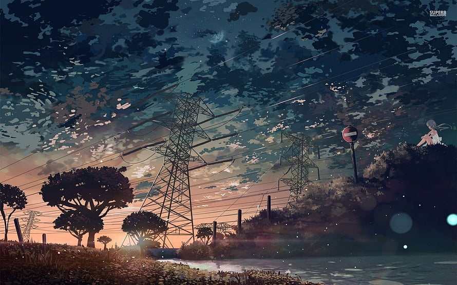 Anime Landscape With Power Lines And Twilight Sky HD wallpaper