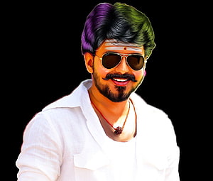 Thalapathy Vijay Digital Portrait in White Shirt with Aviator Sunglasses and Colorful Hair HD wallpaper
