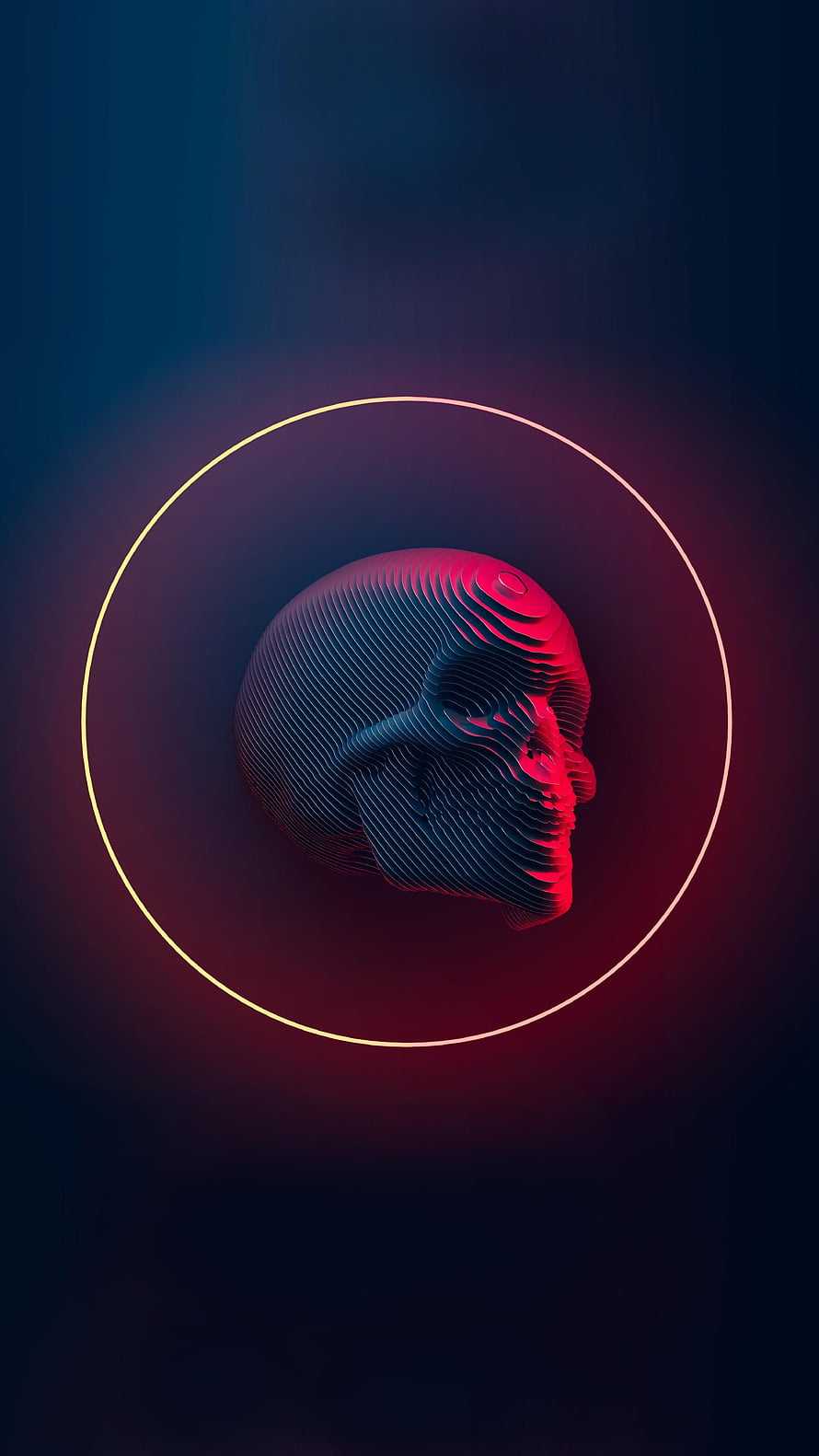Sliced 3D Skull with Neon Ring in Dark Vaporwave Style HD phone wallpaper