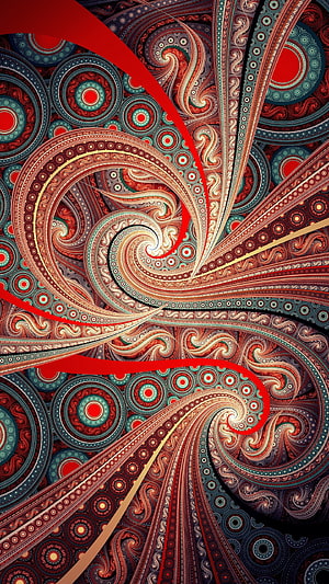 Intricate Red and Teal Paisley Fractal Spiral Pattern Wallpaper HD phone wallpaper