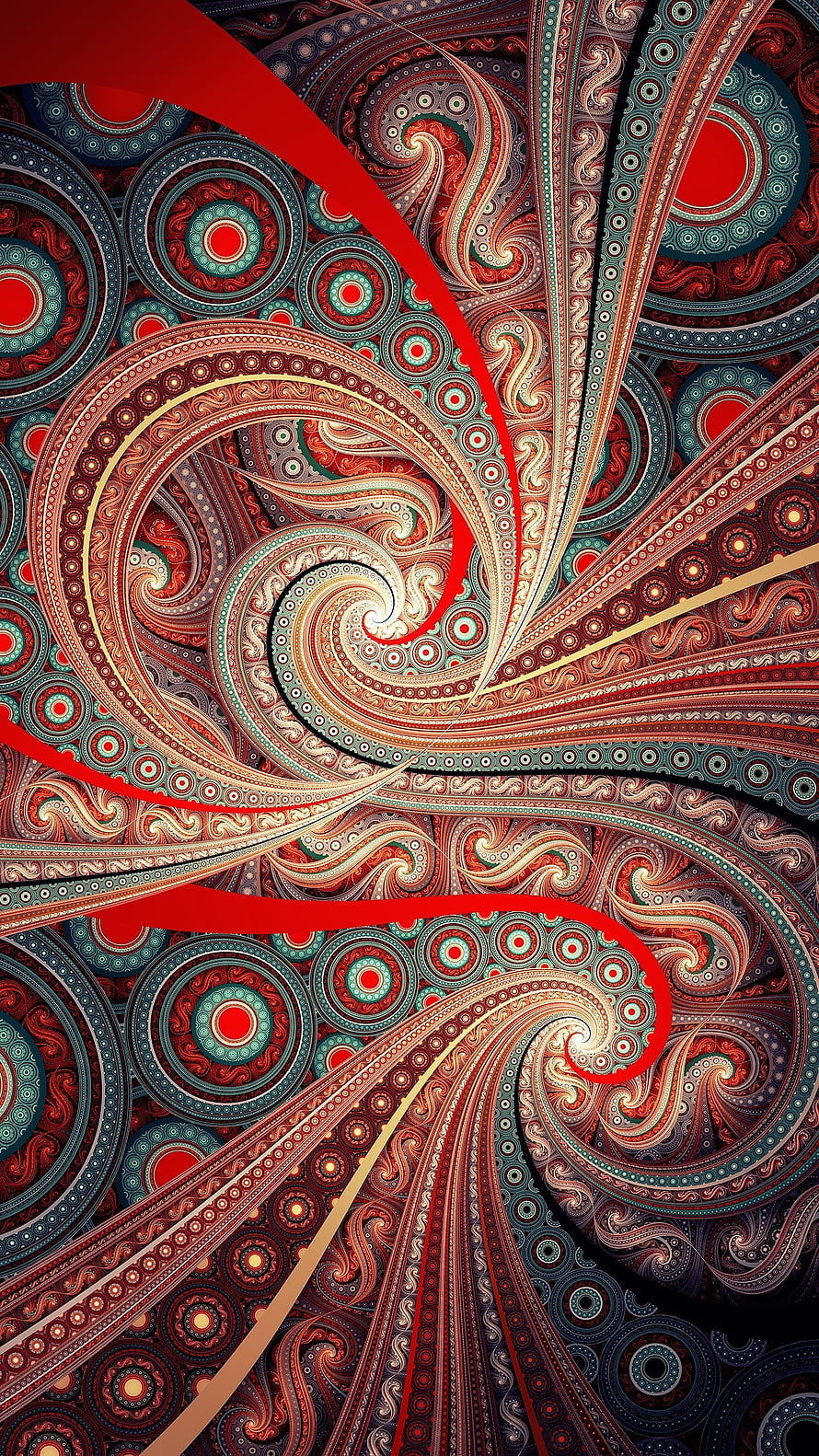 Intricate Red and Teal Paisley Fractal Spiral Pattern Wallpaper HD phone wallpaper