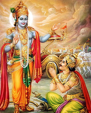 Lord Krishna Blessing Arjuna on the Battlefield of Kurukshetra from the Mahabharata HD phone wallpaper