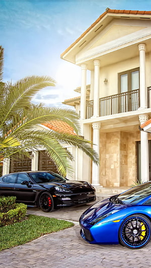 Luxury Mansion Driveway With Black Porsche And Blue Lamborghini Sports Cars, Mansion, Luxury Cars For 6 Plus - Luxury Mansion , Exotic Cars HD phone wallpaper