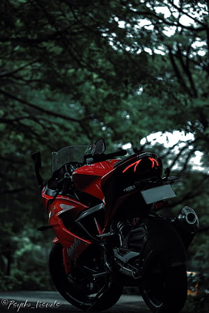 Red TVS Apache RR 310 Sport Motorcycle Parked Under Dark Forest Canopy HD phone wallpaper