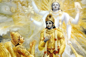 Krishna and Arjuna with the Divine Vishvarupa Form of Lord Vishnu HD wallpaper