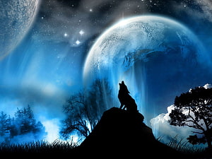 Silhouetted Wolf Howling at a Glowing Blue Planet in a Starry Night Sky HD wallpaper